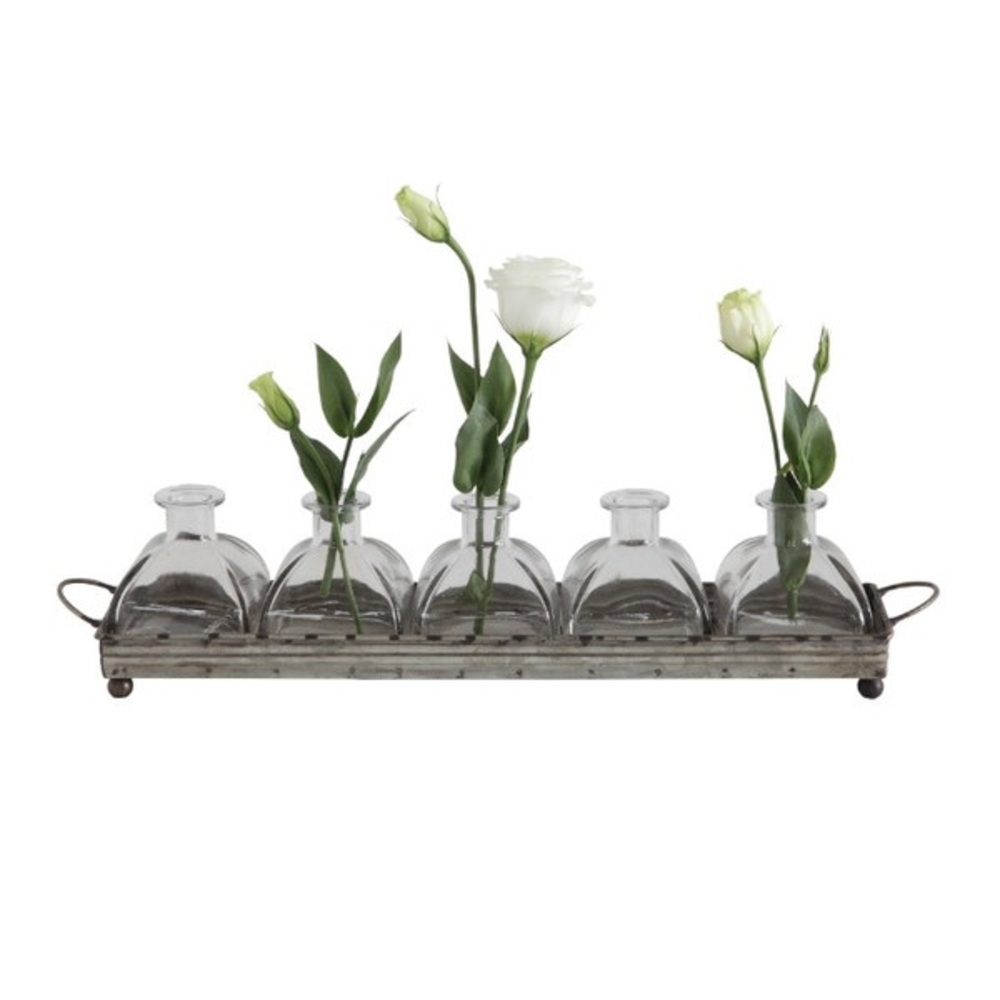 Creative Co-Op Decorative Metal Tray with Five Glass Vases